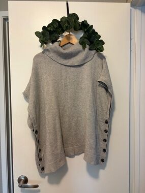 Boden Light Gray Wool Cotton Blend Button-Side Turtleneck Poncho Sweater